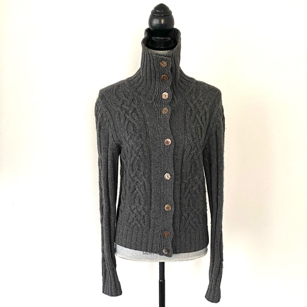 Sundance Dark Gray Cashmere Stand-Neck Cable Knit Cardigan Sz S Quiet Luxury